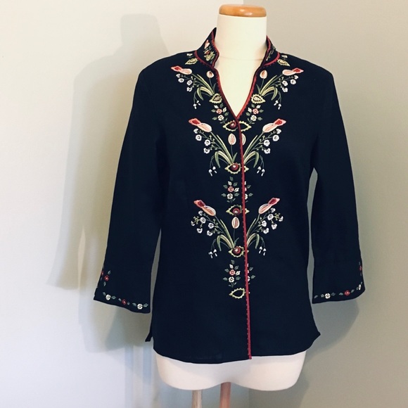 Jacket Anne Carson Embroidered Flowers Linen Black - Picture 2 of 7